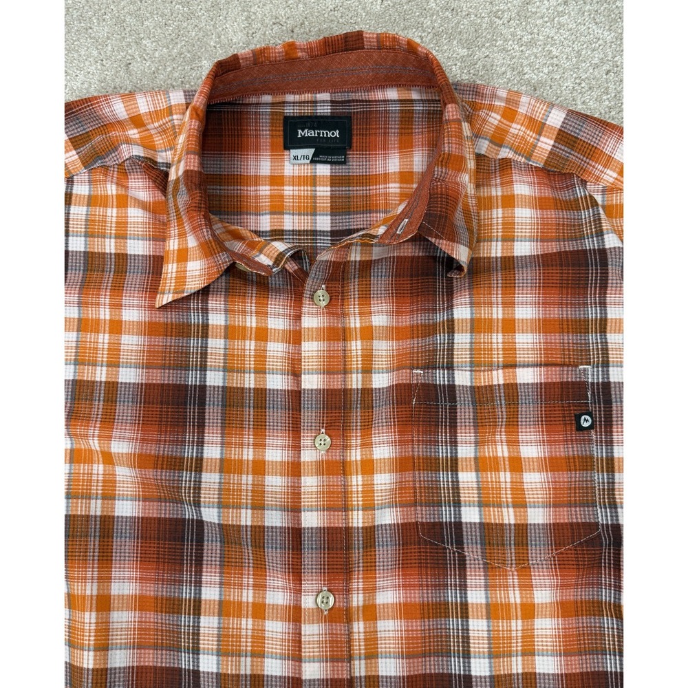 Marmot Button Down Shirt Mens XL Orange Plaid Short Sleeve Hiking Outdoor Casual - Picture 5 of 10